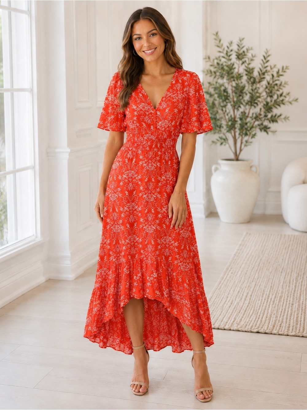 Abel The Label Boho Tiered Maxi Dress Women Small Cottagecore Red Flutter Sleeve